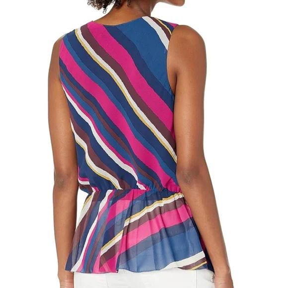 TRINA TURK Stellar Surplice V Neck Multi Striped Top Asymmetrical Hem Size Med - Picture 2 of 11